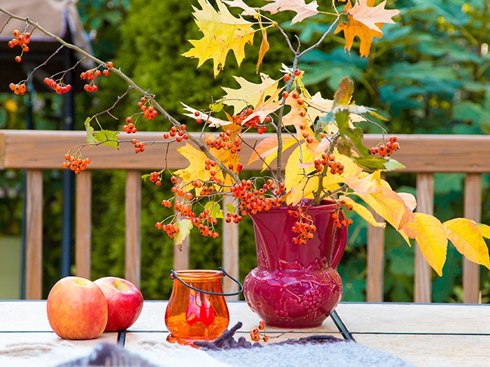 Fall outdoor tablescape with red vase and fall leaves and red apples and candles. 